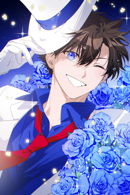 1boy, blue_flower, blue_rose, blue_shirt, blush, collared_shirt, commentary_request, flower, gloves, grin, hat, holding, holding_unworn_clothes, holding_unworn_hat, jacket, kaitou_kid, korean_commentary, looking_at_viewer, magic_kaito, male_focus, necktie, one_eye_closed, red_necktie, rose, sanddek, shirt, smile, solo, sparkle, suit_jacket, top_hat, unworn_hat, unworn_headwear, white_gloves, white_hat, white_jacket