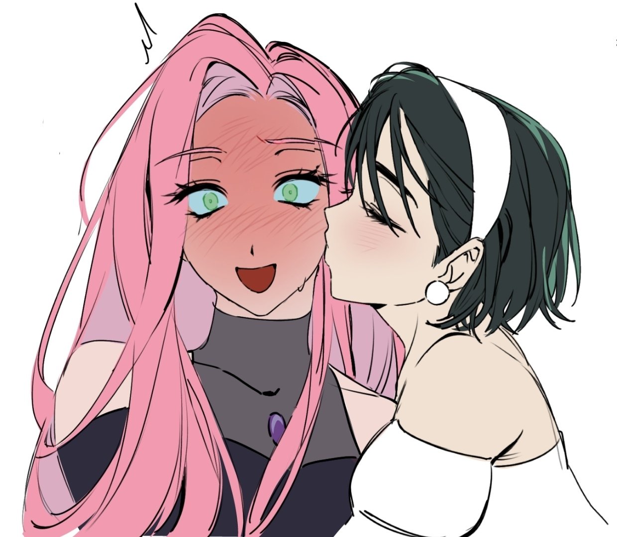 2girls, alien_stage, black_dress, blush, closed_eyes, commentary, dress, earrings, full-face_blush, green_eyes, hairband, hashtag-only_commentary, jewelry, kiss, kissing_cheek, long_hair, mizi_(alien_stage), multiple_girls, pink_hair, ricky_(902x229), short_hair, sphere_earrings, sua_(alien_stage), white_background, white_dress, white_hairband, yuri