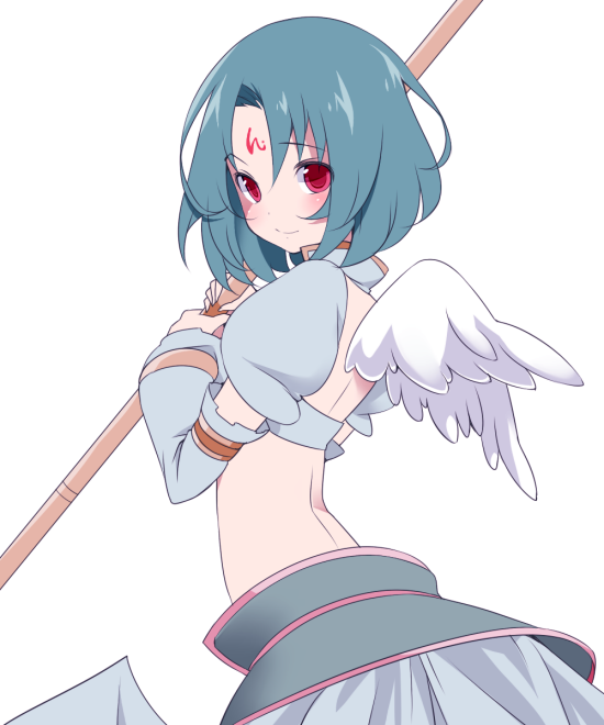 .hack//sign, bad_id, blue_hair, detached_sleeves, facial_mark, forehead_mark, green_hair, midriff, red_eyes, smile, subaru, subaru_(.hack//), tyobimiru, wings