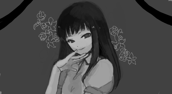 black_eyes, black_hair, dark, drawr, flower, monochrome, monoe, simple_background, smile, solo, yume_nikki, yurari_(co10rs)