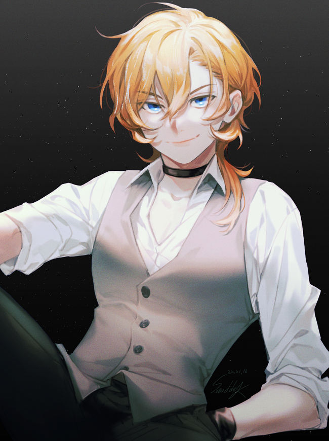 1boy, black_choker, black_pants, blue_eyes, bungou_stray_dogs, buttons, choker, collared_shirt, commentary_request, dated, grey_vest, hand_in_pocket, korean_commentary, male_focus, nakahara_chuuya_(bungou_stray_dogs), orange_hair, pants, sanddek, shirt, short_hair, signature, sitting, smile, solo, vest, waistcoat, white_shirt