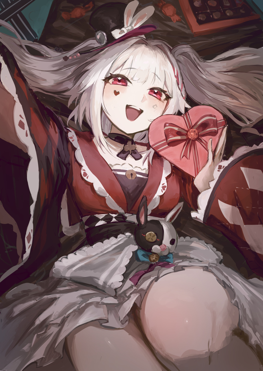 1girl, :d, absurdres, black_hat, box, box_of_chocolates, candy, clothing_cutout