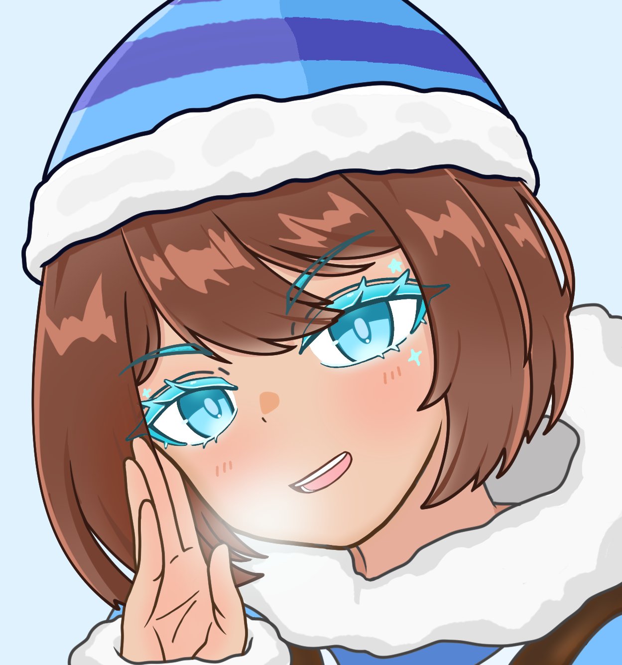 1girl, :d, blue_background, blue_eyes, blue_hat, blue_jacket, blush, breath