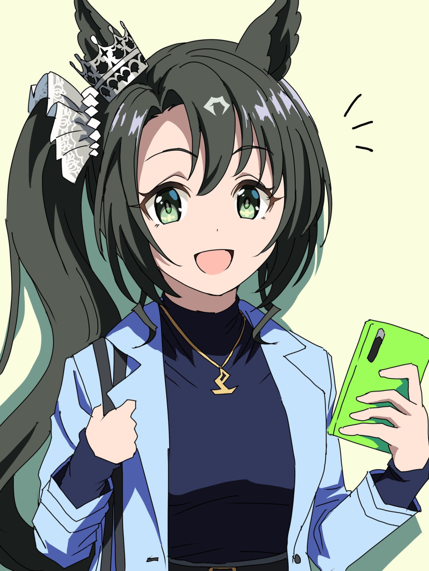 1girl, animal_ears, baasaku_(balasaku24), black_hair, blue_coat, blue_jacket, blue_sweater, casual