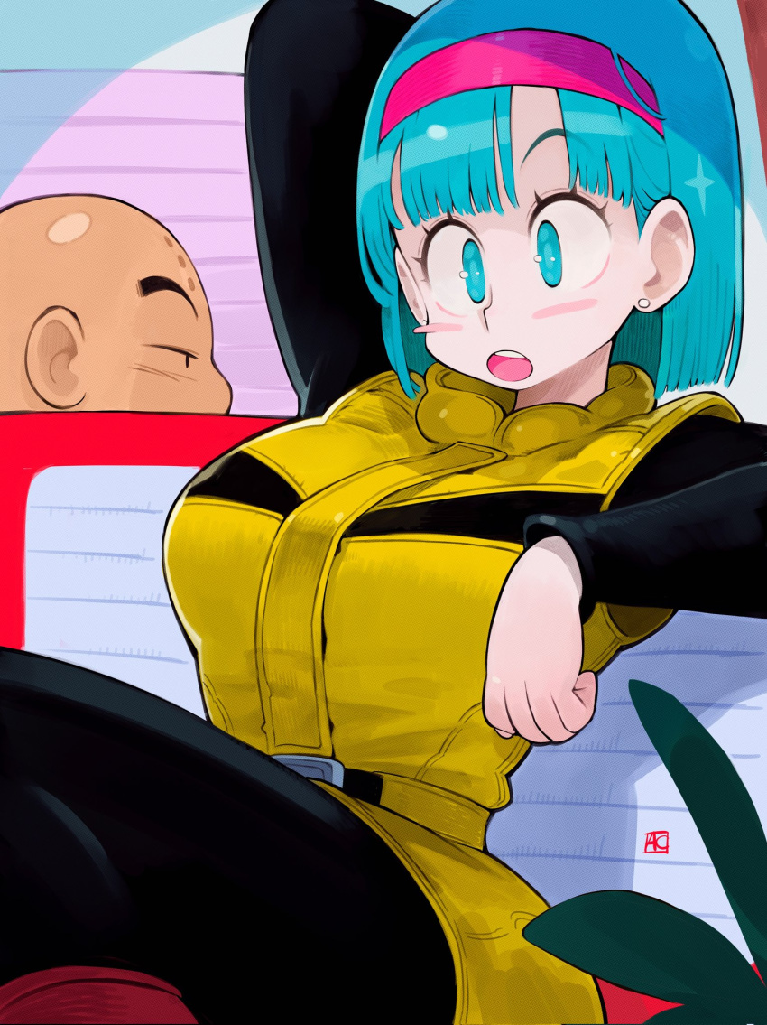 1boy, 1girl, andrewcockroach, aqua_eyes, aqua_hair, arm_behind_head, bald, belt