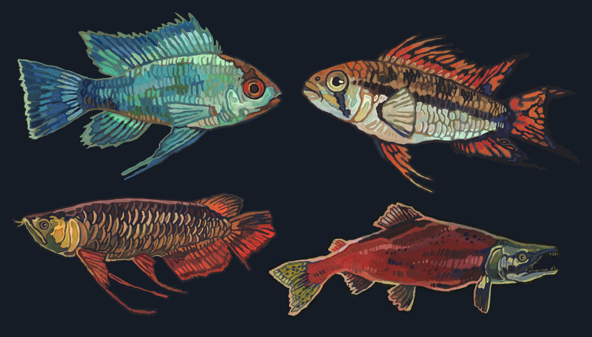 animal, animal_focus, arowana, black_background, cichilid_(fish), fish, from_side, full_body