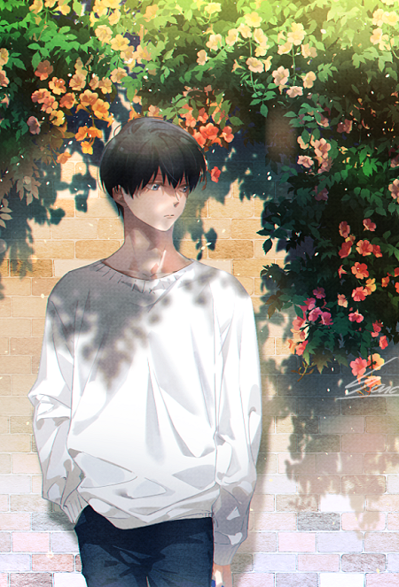 1boy, black_hair, black_pants, brick_wall, collarbone, commentary, haikyuu!!, hand_in_pocket