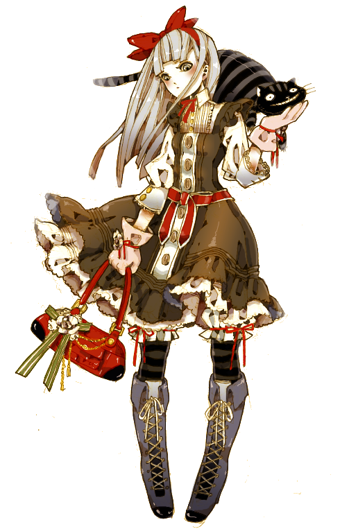 alice_in_wonderland, alternate_costume, animal_on_shoulder, bag, bangs, bloomers, blunt_bangs, blush