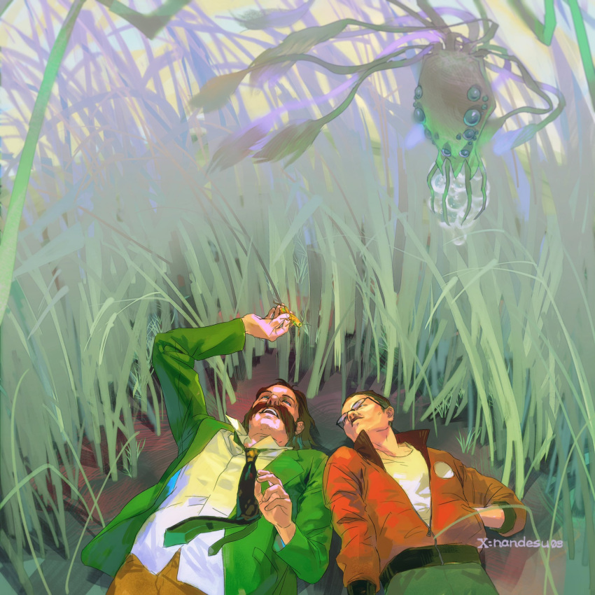 2boys, black_hair, blazer, bomber_jacket, brown_hair, collared_shirt, commentary, disco_elysium