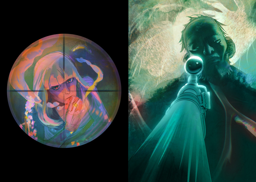 1boy, 1girl, backlighting, beard, black_eyes, blonde_hair, blunt_bangs, commentary