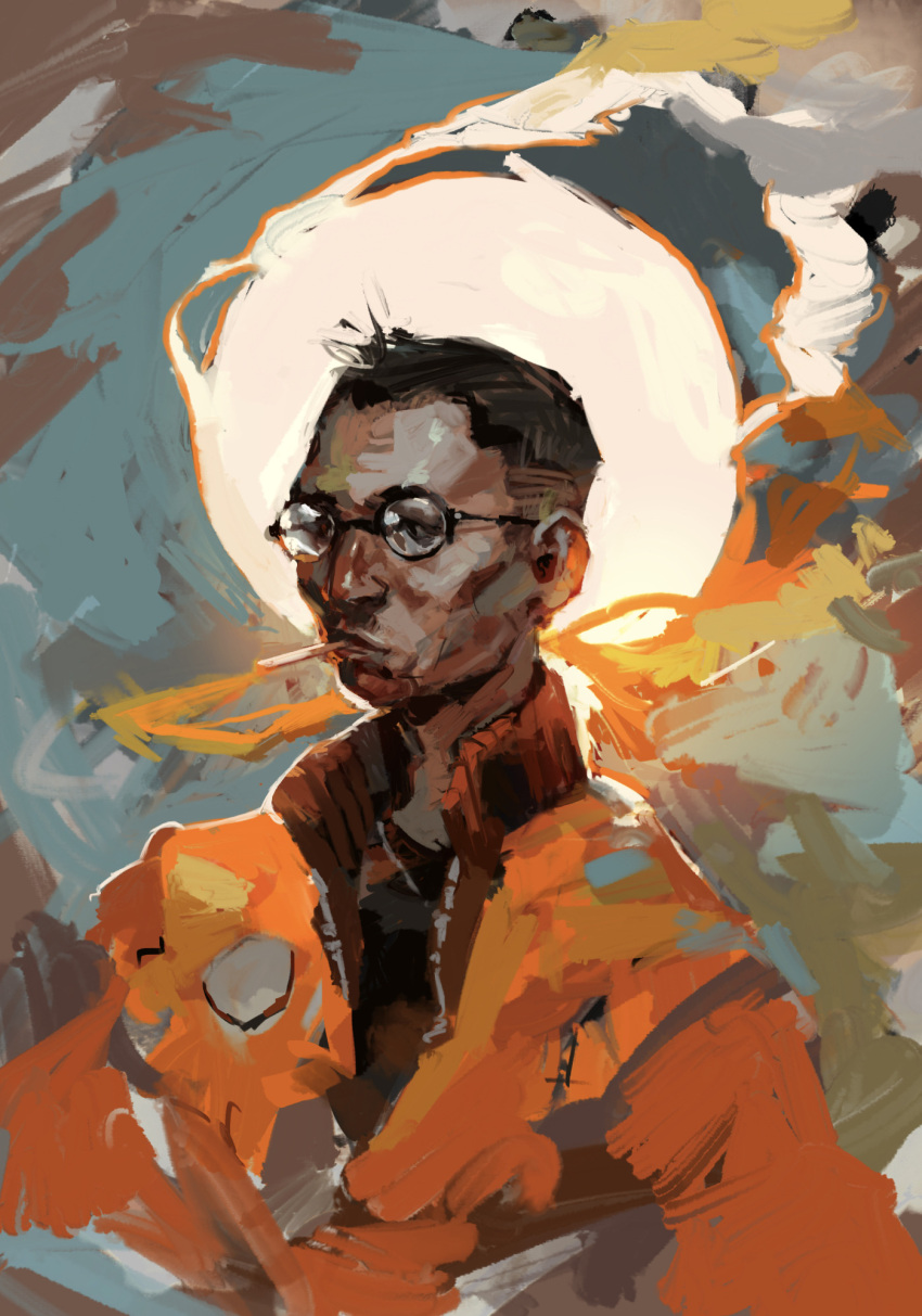 1boy, aegyo_sal, black_hair, bomber_jacket, cigarette, commentary, disco_elysium, english_commentary, glasses, highres, inkeyjay, jacket, kim_kitsuragi, looking_at_viewer, male_focus, orange_jacket, painterly, round_eyewear, smoke, smoke_trail, solo, sun_behind_head, upper_body