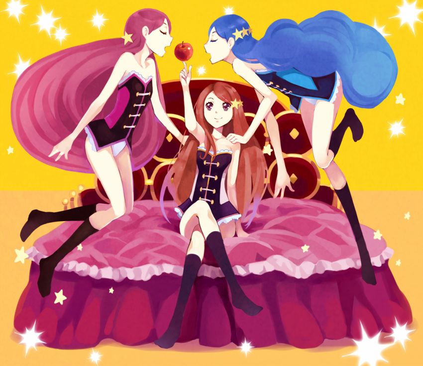 apple, bed, blue_hair, brown_hair, closed_eyes, crossed_legs, double-h_(mawaru_penguindrum), eyes_closed