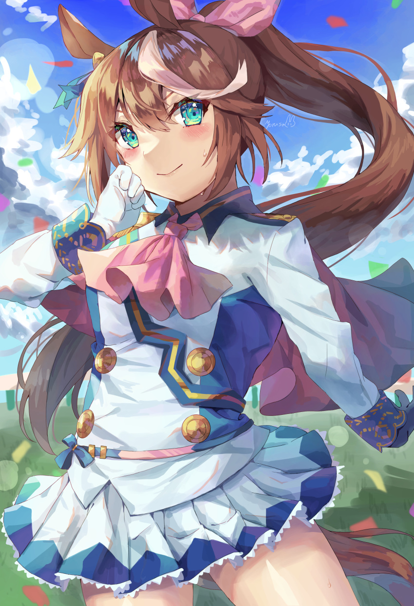 1girl, absurdres, animal_ears, ascot, asymmetrical_gloves, black_gloves, blue_eyes, blue_sky