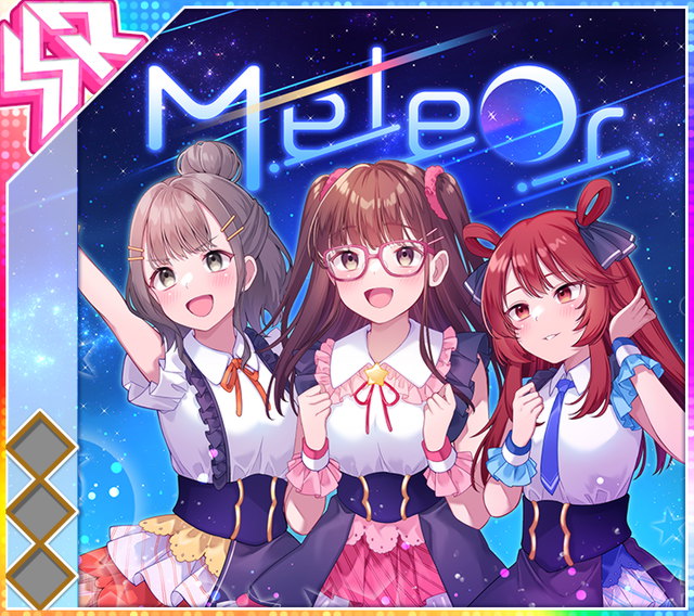 3girls, :d, album_cover, arm_up, blue_necktie, blue_sky, blush, breasts, brooch, brown_hair, clenched_hands, cover, cowboy_shot, crescent_moon, diagonal-striped_clothes, diagonal-striped_skirt, dot_nose, english_text, frilled_suspenders, game_cg, glasses, green_eyes, hair_bun, hair_ornament, hair_rings, hair_scrunchie, hairclip, half_updo, hand_in_own_hair, hands_up, idol_wars, jewelry, kurohime_kokoa, large_breasts, layered_skirt, lens_flare, long_hair, medium_hair, moon, multiple_girls, necktie, official_art, open_mouth, parted_lips, pink_scrunchie, pink_skirt, purple-framed_eyewear, purple_skirt, red_eyes, red_skirt, scrunchie, shinohara_mahiru, shirt, shooting_star, short_sleeves, sidelocks, single_hair_bun, skirt, sky, smile, star_(sky), star_(symbol), star_brooch, starry_sky, striped_clothes, suspenders, takanashi_mizuki, teeth, third-party_source, two_side_up, underbust, white_shirt, white_skirt