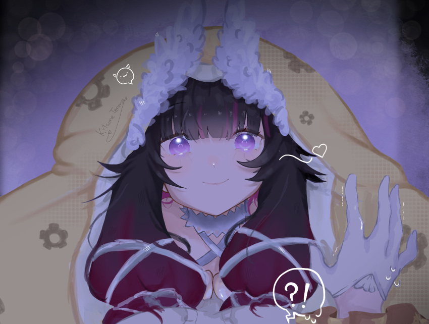 !?, 2girls, artist_name, black_hair, blanket, closed_mouth, columbina_(genshin_impact), covering_with_blanket