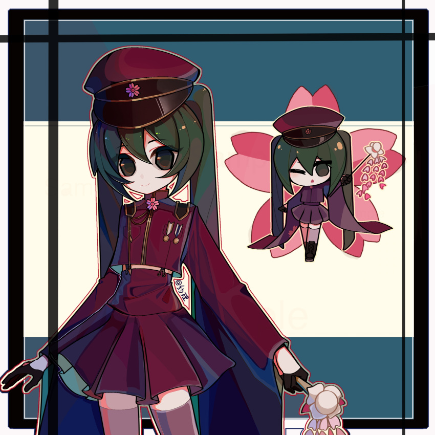 1girl, arms_at_sides, black_gloves, blue_background, border, brooch, brown_hat, brown_jacket, brown_skirt, chestnut_mouth, chibi, chibi_inset, chinese_commentary, closed_mouth, commentary_request, cowboy_shot, double-parted_bangs, flat_chest, flower, flower_brooch, gloves, gold_trim, green_eyes, green_hair, grey_thighhighs, hair_between_eyes, half_gloves, hat, hatsune_miku, high-waist_skirt, highres, holding, jacket, jewelry, kandaoworangwoquxuexi93362, long_hair, long_sleeves, midriff, miniskirt, one_eye_closed, open_mouth, outline, outside_border, pink_flower, pleated_skirt, senbonzakura_(vocaloid), shako_cap, skirt, smile, solo, standing, suspender_skirt, suspenders, thigh-highs, turtleneck, turtleneck_jacket, twintails, two-tone_background, very_long_hair, vocaloid, white_background, white_border, yellow_outline, zettai_ryouiki