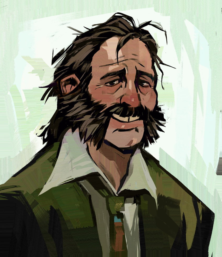 1boy, blazer, brown_hair, collared_shirt, disco_elysium, facial_hair, green_jacket, grin