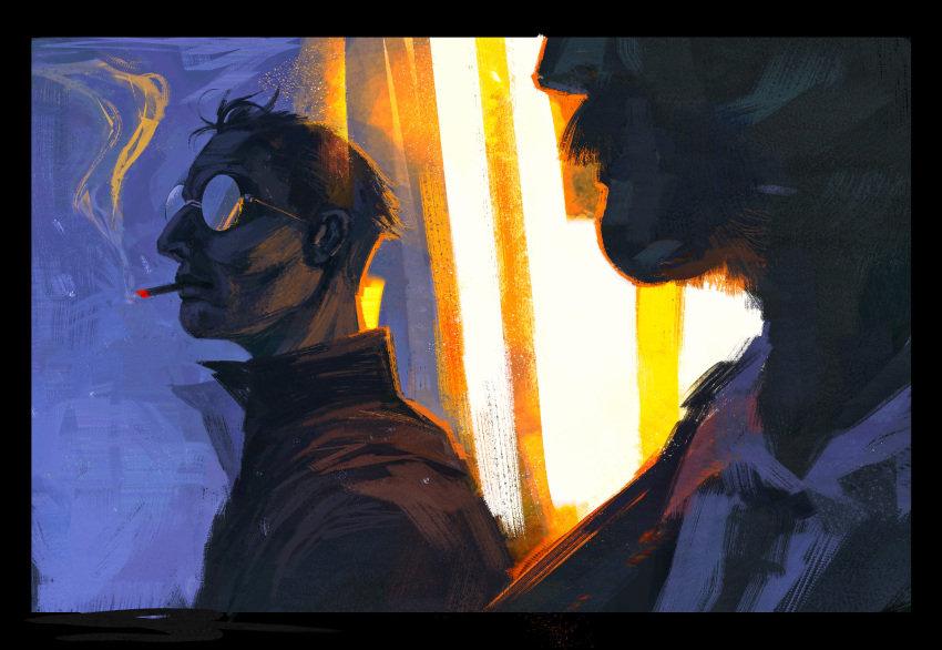 2boys, backlighting, bomber_jacket, cigarette, close-up, collared_shirt, disco_elysium, glasses