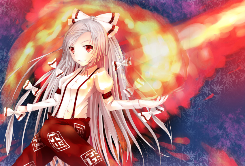 bow, dress_shirt, fire, fujiwara_no_mokou, hair_bow, highres, ipette-k, long_hair