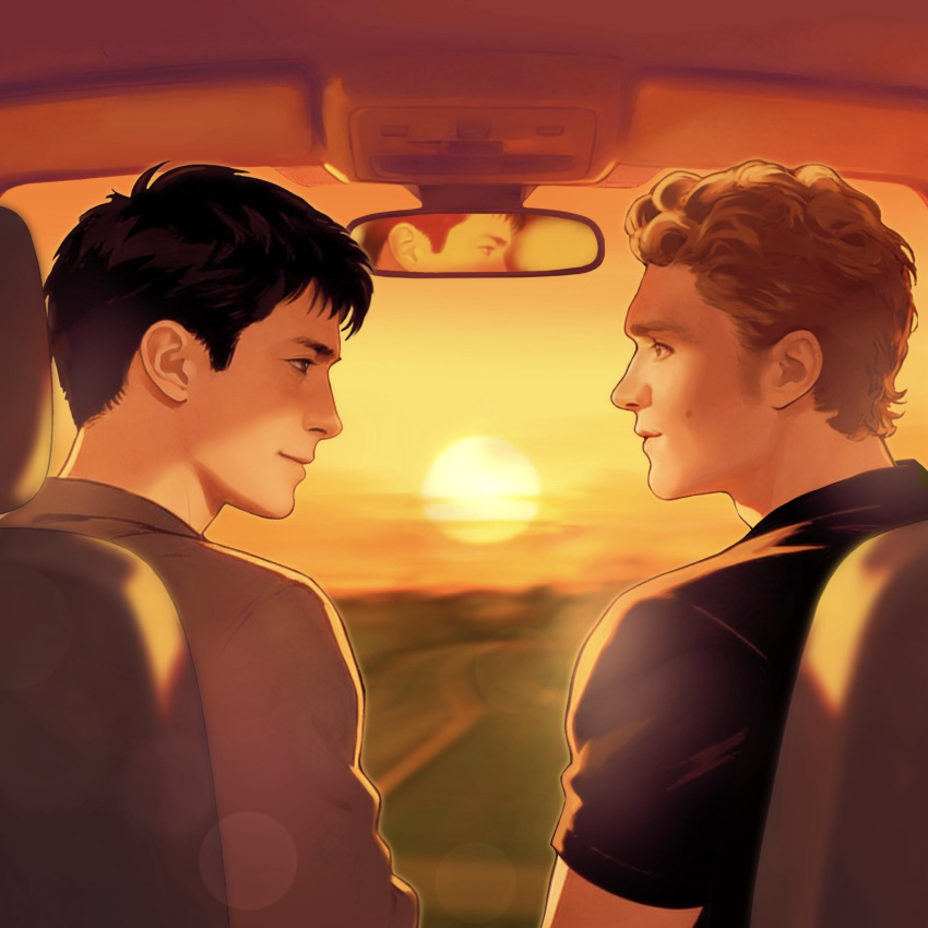 2boys, black_hair, black_shirt, blonde_hair, blue_eyes, car_interior, closed_mouth, commentary