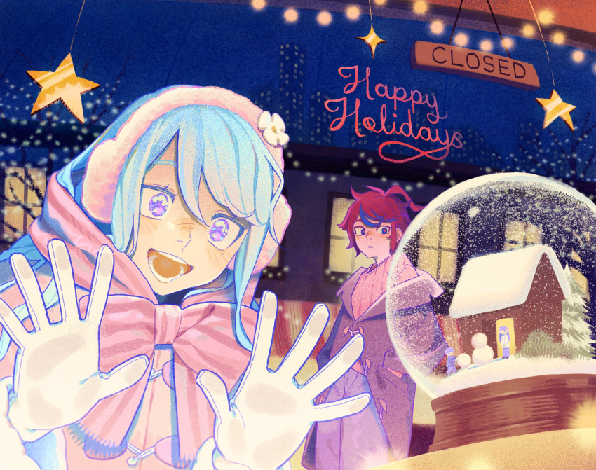1boy, 1girl, against_glass, ahoge, alternate_costume, black_pants, black_streaks, blue_eyes, bow, brown_coat, chippuyawn, closed_sign, coat, commentary, earmuffs, flower, gloves, grey_hair, hands_in_pockets, happy_holidays, highres, kashimiya_karua, long_hair, multicolored_hair, open_mouth, pants, pink_scarf, red_hair, red_pupils, red_sweater, scarf, scarf_bow, short_hair, smile, snow_globe, sparkling_eyes, star_(symbol), streaked_hair, sumino_takumi, sweater, the_hundred_line_-last_defense_academy-, two-tone_hair, untranslatable_commentary, white_flower, white_gloves, winter