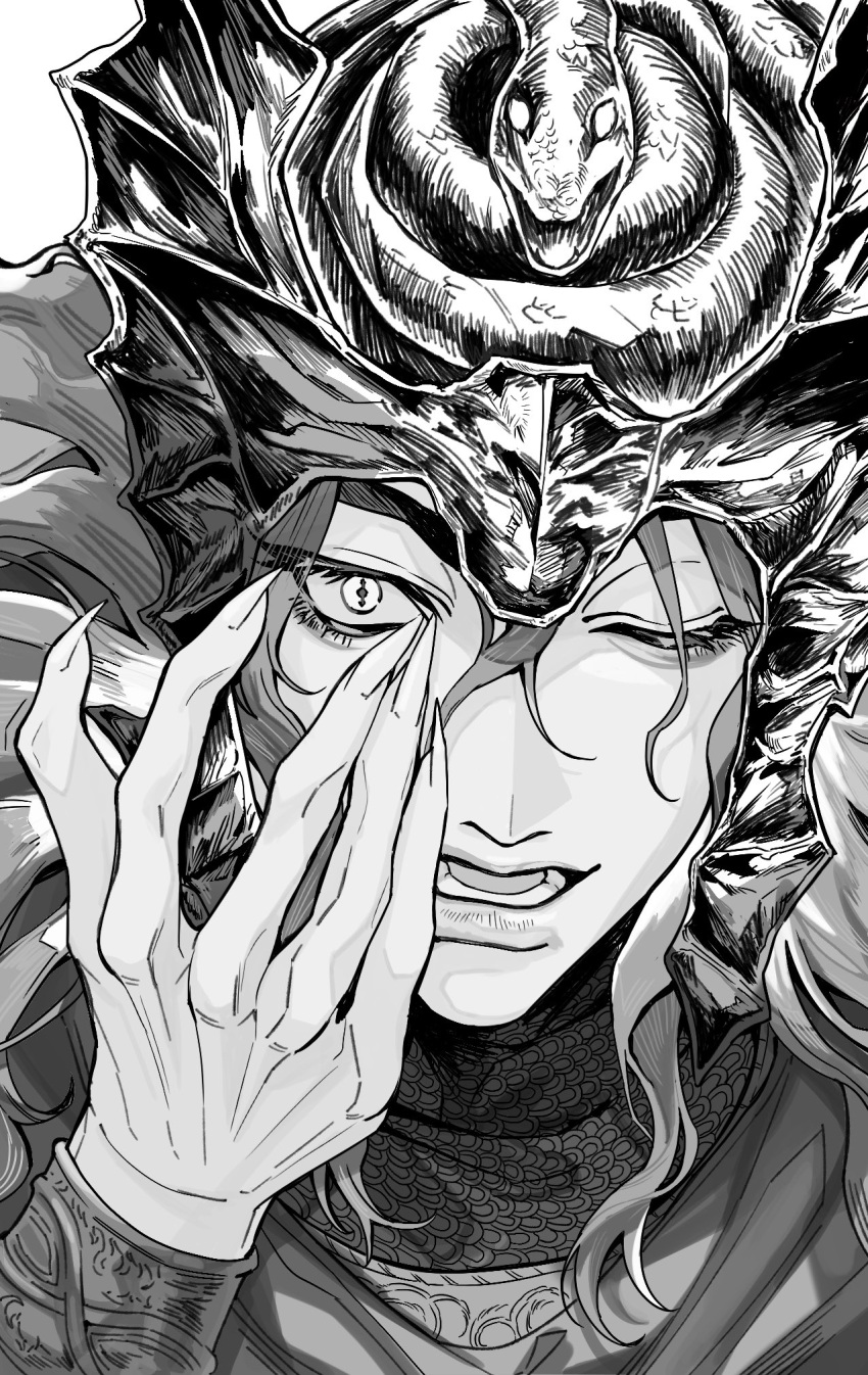 1boy, arm_up, armor, chainmail, cloak, commentary, elden_ring, elden_ring:_shadow_of_the_erdtree