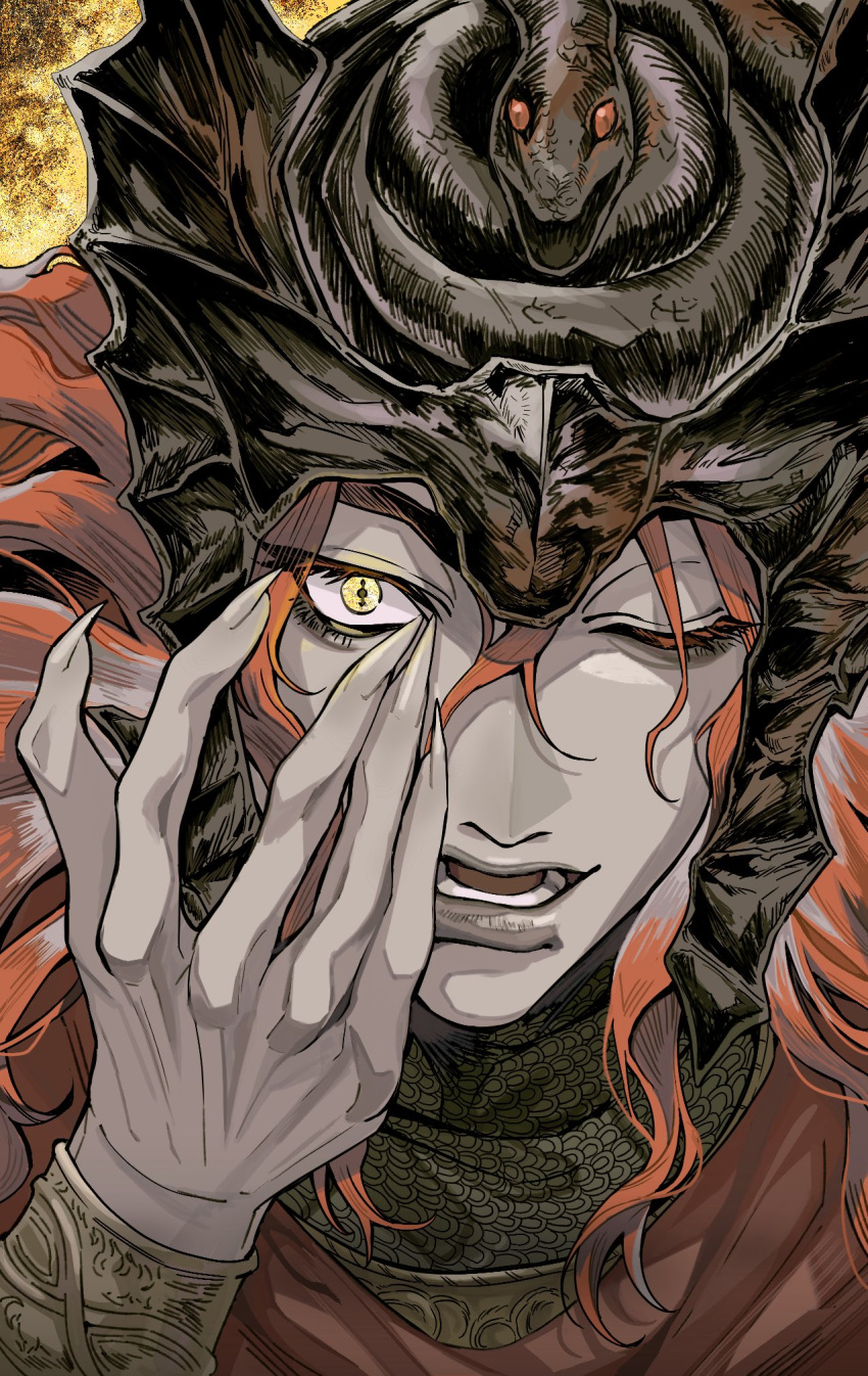 1boy, arm_up, armor, chainmail, cloak, commentary, elden_ring, elden_ring:_shadow_of_the_erdtree