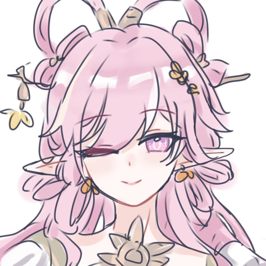 1girl, ;), chinese_commentary, chinese_hairstyle, commentary_request, diamond-shaped_pupils, diamond_(shape), elf, elysia_(hi_love_elf)_(honkai_impact), elysia_(honkai_impact), elysia_(lunar_grace)_(honkai_impact), highres, honkai_(series), honkai_impact_3rd, liye_yy, long_hair, looking_at_viewer, official_alternate_costume, one_eye_closed, pink_hair, pointy_ears, simple_background, smile, solo, symbol-shaped_pupils, upper_body, very_long_hair, violet_eyes, white_background