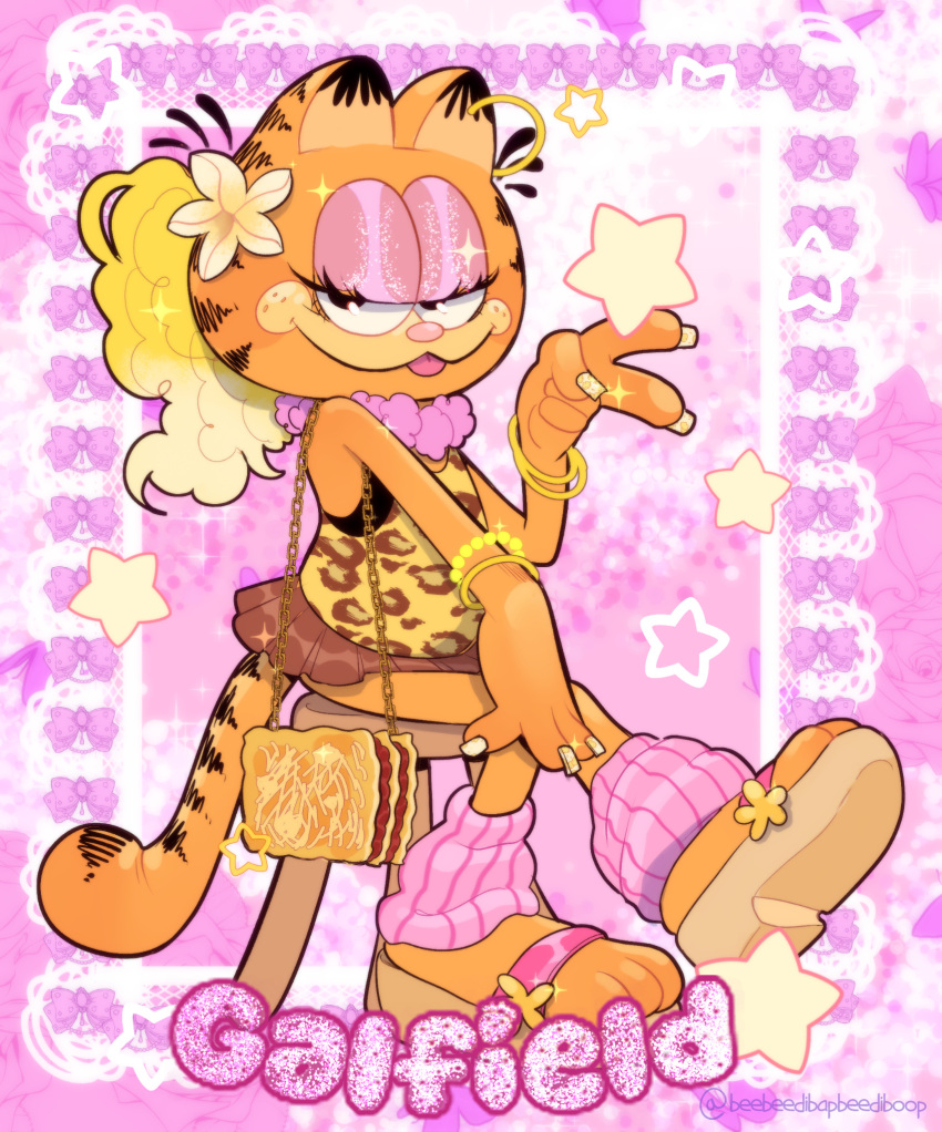 1girl, alternate_costume, animal_print, bead_bracelet, beads, beebeedibapbeediboop, blonde_hair, bracelet, cat, curly_hair, earrings, eyeshadow, fingernails, flower, flower_necklace, food-themed_bag, furry, garfield, garfield_(character), glitter_makeup, gyaru, highres, hoop_earrings, jewelry, lasagne, leg_warmers, lei, leopard_print, long_fingernails, long_hair, makeup, mascara, miniskirt, nail_art, on_stool, orange_cat, orange_fur, pink_eyeshadow, pink_leg_warmers, ponytail, sandals, shirt, sitting, skirt, smile, solo, sparkle, star_(symbol), stool, tail, tank_top, tongue, tongue_out, toon_(style), v