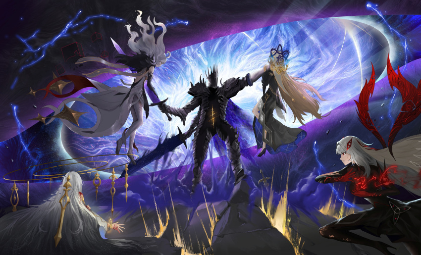 1boy, 4girls, abstract_background, armor, arms_up, asmoday_(genshin_impact), bare_shoulders, black_fur