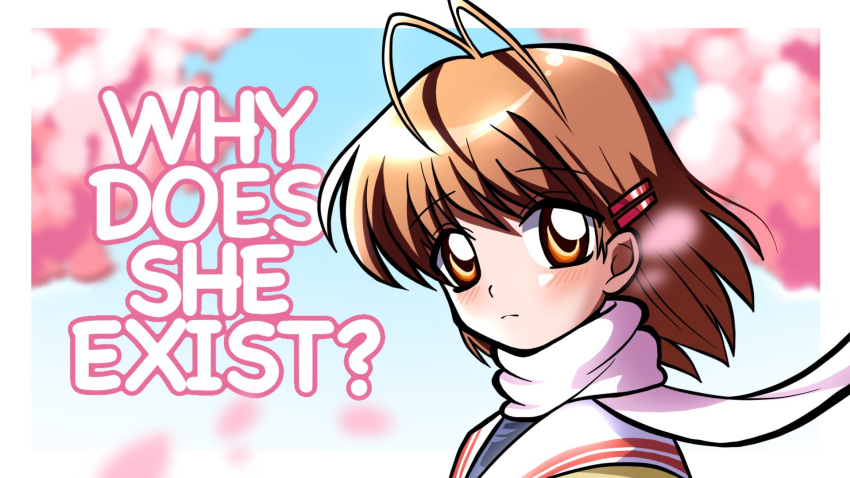 1girl, antenna_hair, brown_eyes, brown_hair, clannad, english_text, frown, furukawa_nagisa