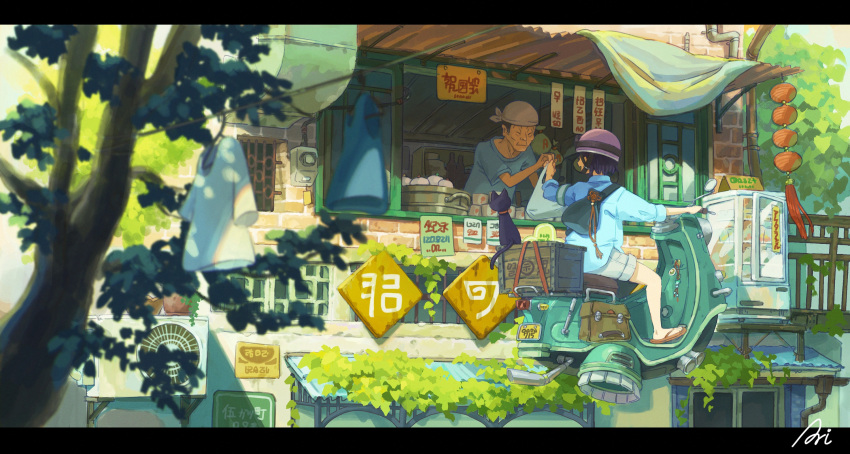 1boy, 1girl, ari_(anriko), bag, bandana, blue_shirt, cat, corrugated_galvanized_iron_sheet, crate, grey_shorts, helmet, highres, holding, holding_bag, hover_bike, leaf, letterboxed, original, plant, sandals, shirt, shorts, sign, tree