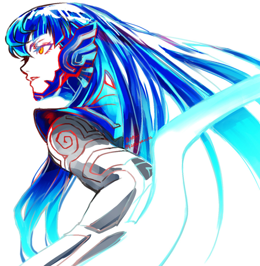 1boy, blue_hair, bodysuit, colored_eyelashes, commentary_request, cropped_torso, floating_hair, highres, kaosuwaruta, long_hair, long_sleeves, male_focus, parted_lips, profile, protagonist_(aogami_nahobino)_(smtv), protagonist_(smtv), shin_megami_tensei, shin_megami_tensei_v, simple_background, solo, white_background, yellow_eyes