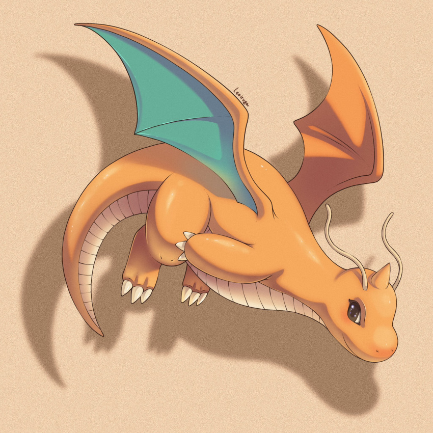 antennae, brown_background, brown_eyes, claws, colored_skin, dragonite, flying, highres