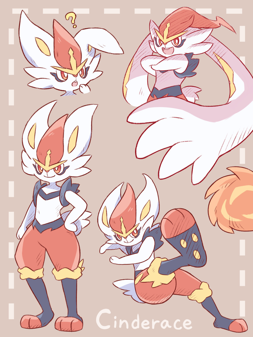 ?, absurdres, brown_background, character_name, cinderace, commentary_request, crossed_arms, gigantamax_cinderace