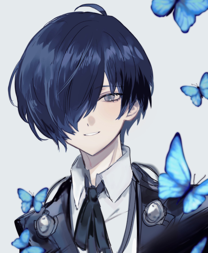 1boy, black_jacket, black_ribbon, blue_butterfly, blue_eyes, blue_hair, bug, butterfly