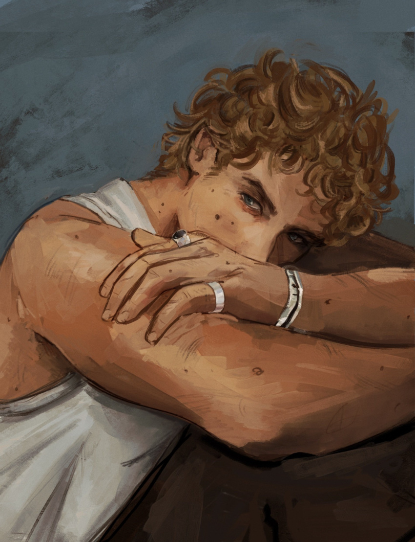 1boy, absurdres, black_pants, blonde_hair, blue_eyes, bracelet, casszanova, commentary