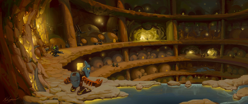 bionicle, commentary, commission, english_commentary, glowing, highres, holding, holding_pickaxe