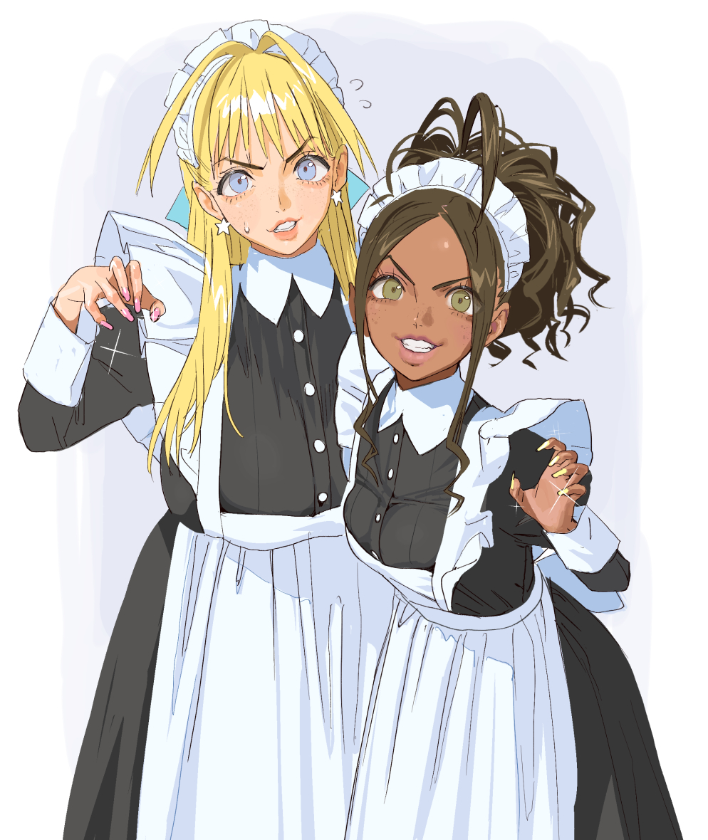 2girls, apron, beatriz_(conto), black_dress, blonde_hair, blue_eyes, breasts, brown_hair