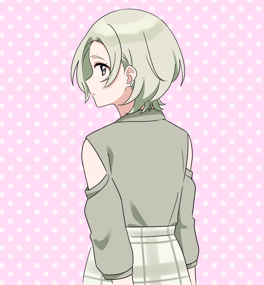1girl, absurdres, bare_shoulders, clothing_cutout, commentary_request, from_behind, grey_eyes, grey_hair