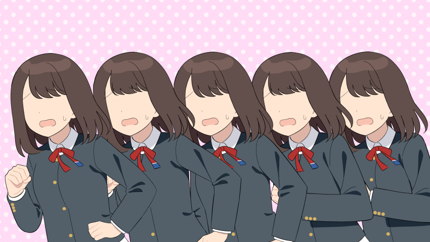 1girl, absurdres, afterimage, anata-chan_(love_live!), black_jacket, commentary_request, highres, ishimochi_(daleka333), jacket, long_sleeves, love_live!, love_live!_nijigasaki_high_school_idol_club, love_live!_school_idol_festival_all_stars, neck_ribbon, nijigasaki_school_uniform, no_eyes, open_mouth, peanut_mouth, pink_background, polka_dot, polka_dot_background, red_ribbon, ribbon, running, school_uniform, sweatdrop, upper_body, winter_uniform