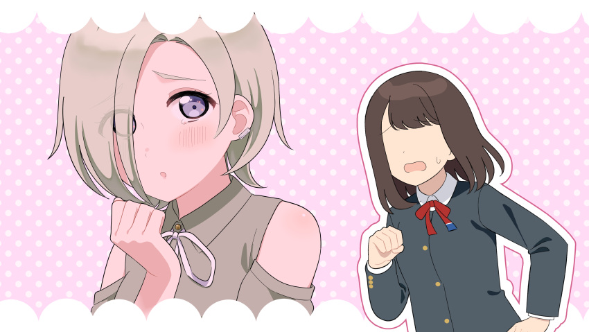 2girls, :o, absurdres, anata-chan_(love_live!), bare_shoulders, black_jacket, brown_hair, clenched_hand, clothing_cutout, collared_shirt, commentary_request, grey_eyes, grey_hair, grey_shirt, hand_up, highres, ishimochi_(daleka333), jacket, love_live!, love_live!_nijigasaki_high_school_idol_club, love_live!_school_idol_festival_all_stars, medium_hair, mia_taylor, multiple_girls, neck_ribbon, nijigasaki_school_uniform, no_eyes, open_mouth, outline, peanut_mouth, pink_background, polka_dot, polka_dot_background, raised_inner_eyebrows, red_ribbon, ribbon, school_uniform, shirt, shoulder_cutout, upper_body, white_outline, white_ribbon, white_shirt