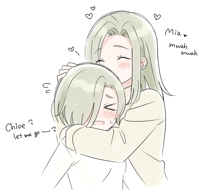 >_<, 2girls, ^_^, arm_around_neck, blush, chloe_taylor, closed_eyes, commentary_request
