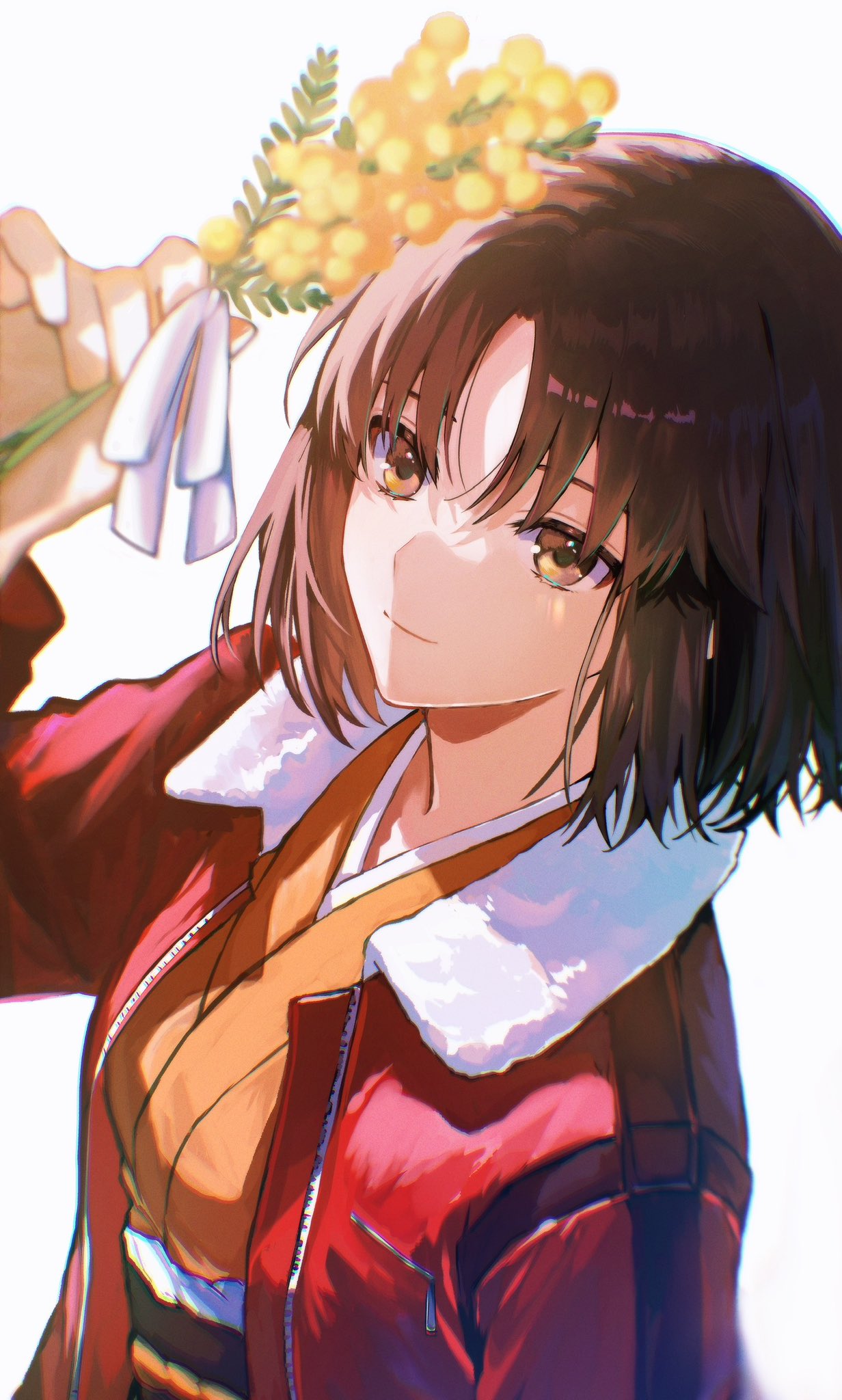 1girl, brown_hair, curtained_hair, d_twt_b, flower, hashtag-only_commentary, highres, jacket