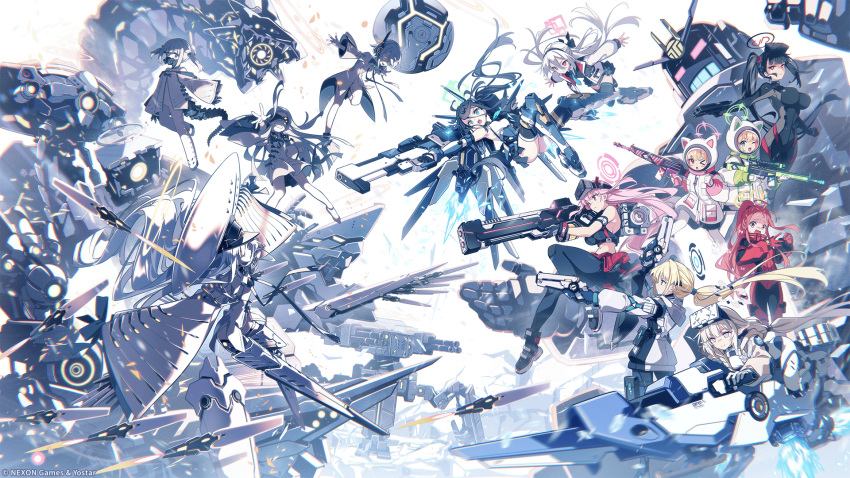 6+girls, aris_(armed)_(blue_archive), aris_(blue_archive), avant_garde_(blue_archive), binah_(blue_archive), black_hair, black_thighhighs, blonde_hair, blue_archive, blue_eyes, blue_necktie, blue_streaks, bodysuit, chesed_(blue_archive), chokmah_(blue_archive), commentary_request, dual_wielding, eimi_(armed)_(blue_archive), eimi_(blue_archive), ein_(blue_archive), full_body, geburah_(blue_archive), gun, hair_between_eyes, halo, hayakawa_harui, headgear, highleg, highleg_leotard, highres, himari_(blue_archive), hod_(blue_archive), holding, holding_weapon, kei_(blue_archive), kei_(new_body)_(blue_archive), kether_(blue_archive), leotard, long_hair, long_hair_between_eyes, malkuth_(blue_archive), mecha_musume, mechanical_legs, mechanical_wings, midori_(armed)_(blue_archive), midori_(blue_archive), midriff, momoi_(armed)_(blue_archive), momoi_(blue_archive), multicolored_hair, multicolored_leotard, multiple_girls, navel, necktie, official_alternate_costume, official_art, ohr_(blue_archive), pink_hair, ponytail, red_hair, riding, rio_(armed)_(blue_archive), rio_(blue_archive), robot, second-party_source, shoes, short_hair, siblings, sof_(blue_archive), streaked_hair, suit, thigh-highs, tiphareth_(blue_archive), toki_(armed)_(blue_archive), toki_(blue_archive), twins, twintails, weapon, white_hair, wings, yesod_(blue_archive), yuzu_(armed)_(blue_archive), yuzu_(blue_archive)