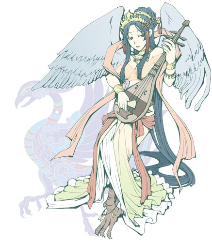 bird, bird_legs, bird_wings, biwa_lute, black_hair, chimera, chinese_clothes, hair_ornament, instrument, jewelry, kalavika, kalavinka, lowres, lute_(instrument), original, osanai_ryoo, osanai_satoru, solo, wings