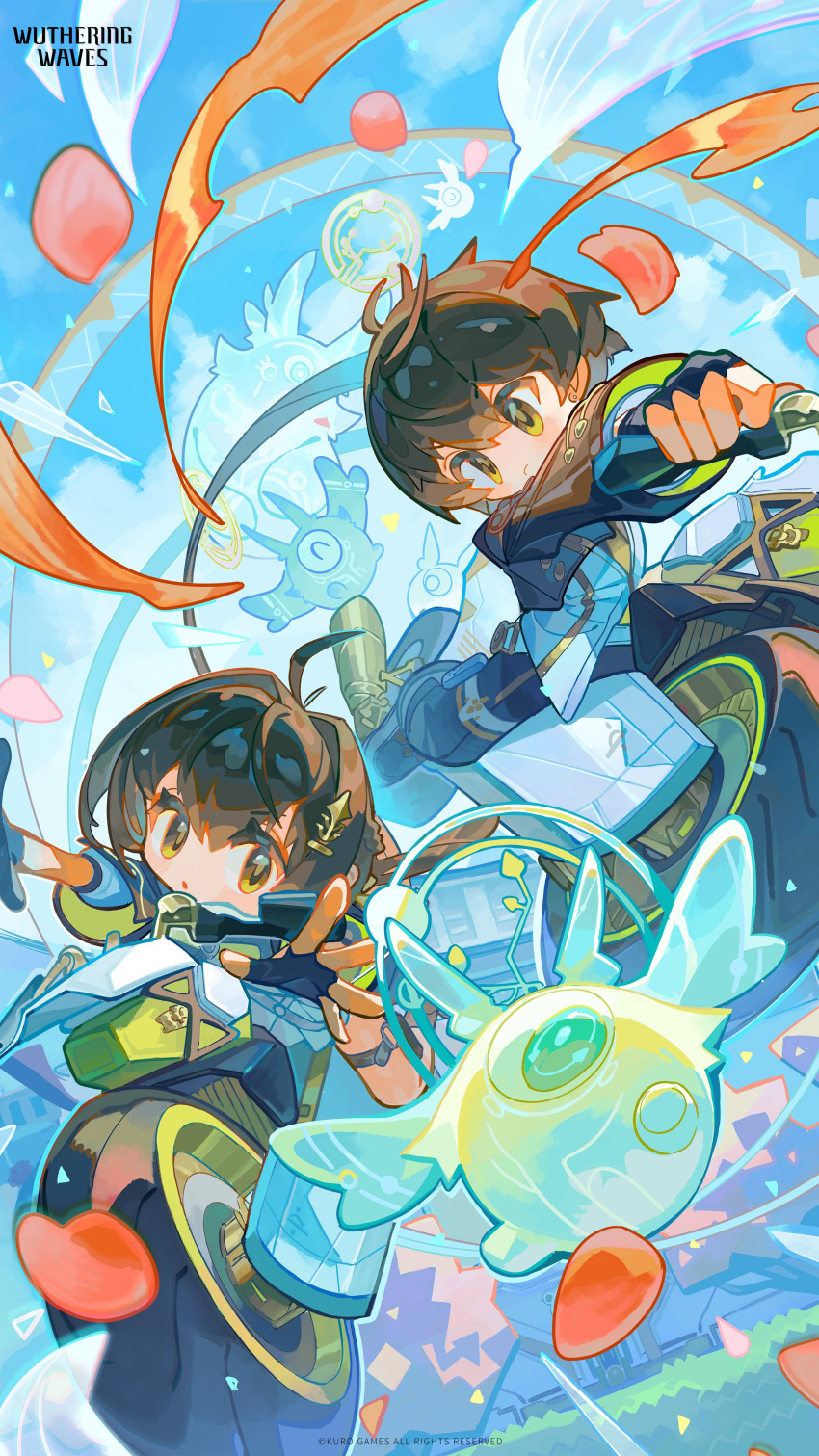 1boy, 1girl, absurdres, black_gloves, black_hair, black_jacket, blue_sky, commentary