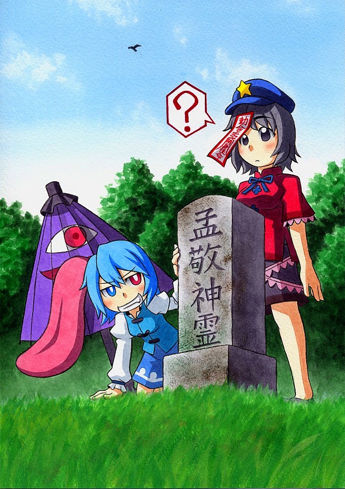 ?, acrylic_paint_(medium), black_eyes, black_hair, blue_eyes, blue_hair, blush, breasts