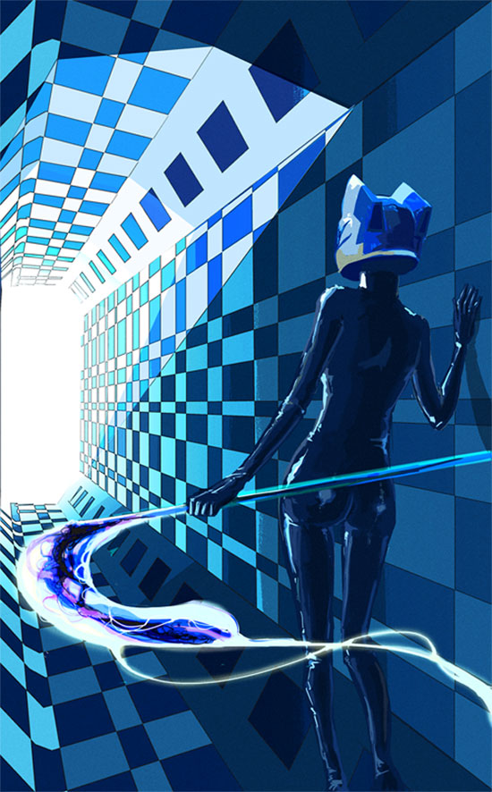 aomushi, back, bad_id, bikesuit, bodysuit, cat_ears, celty_sturluson, durarara!!, hallway, helmet, latex, legs, motorcycle_helmet, scythe