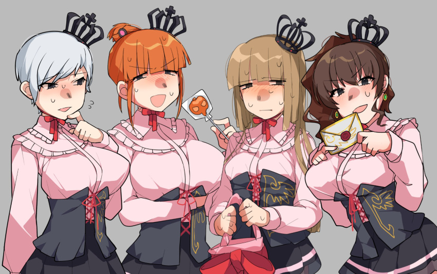 4girls, bag, black_corset, black_eyes, black_skirt, blush, breasts, brown_hair